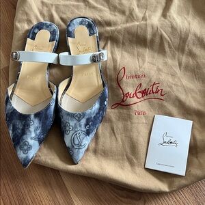 Christian Louboutin Choc Lock Mule Flats denim blue white leather with dust bag